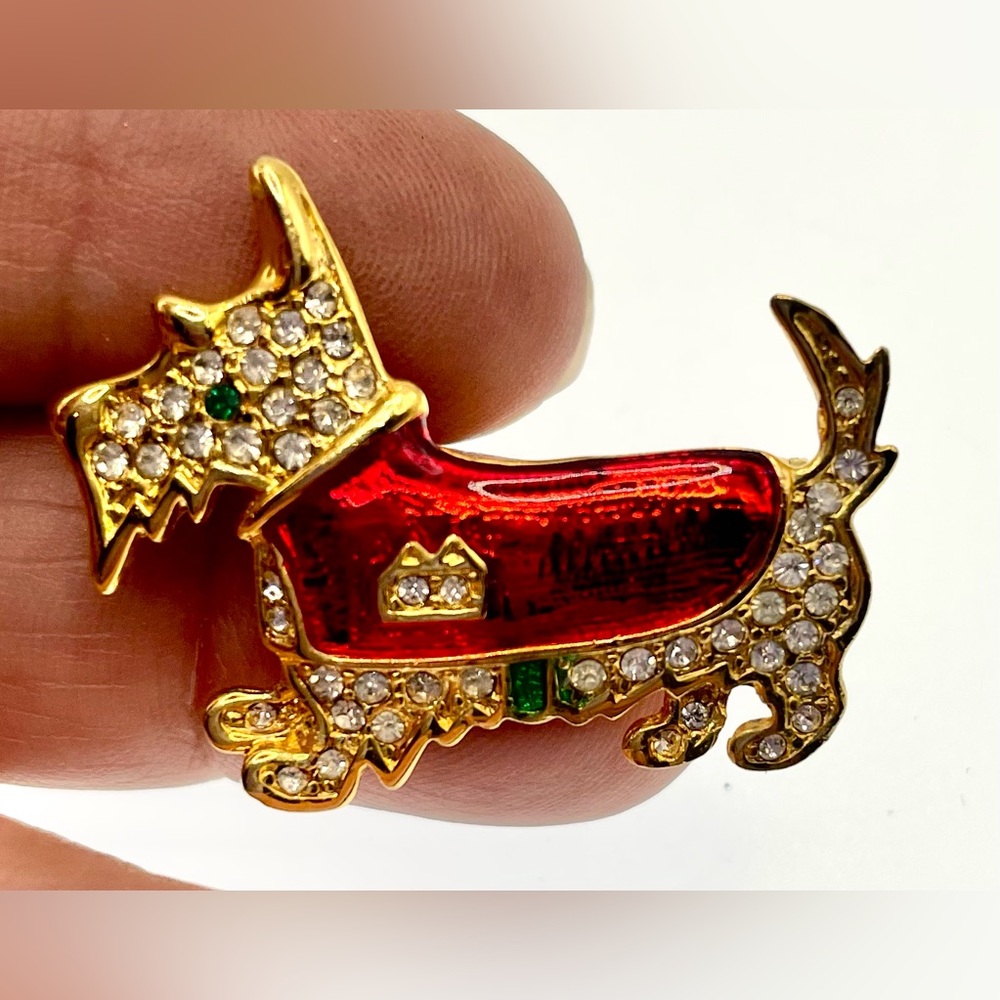 3 for $30 Scottie Dog Brooch Gold Tone Red Enamel Crystals Scatter Pin - Picture 5 of 5